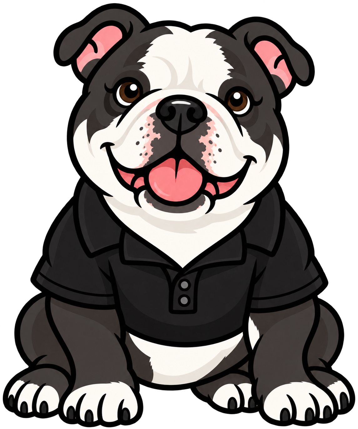 Cartoon black-and-white bulldog wearing a black polo shirt